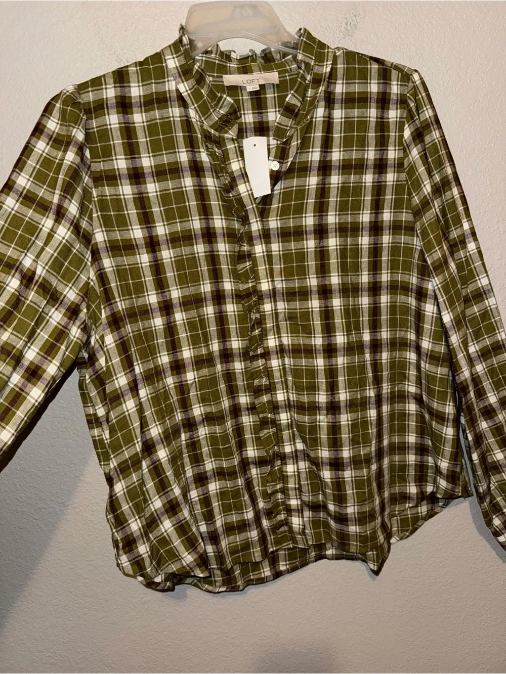 NWT LOFT Olive Plaid Ruffle Linen Blend Button Front Top Size Large Cottagecore